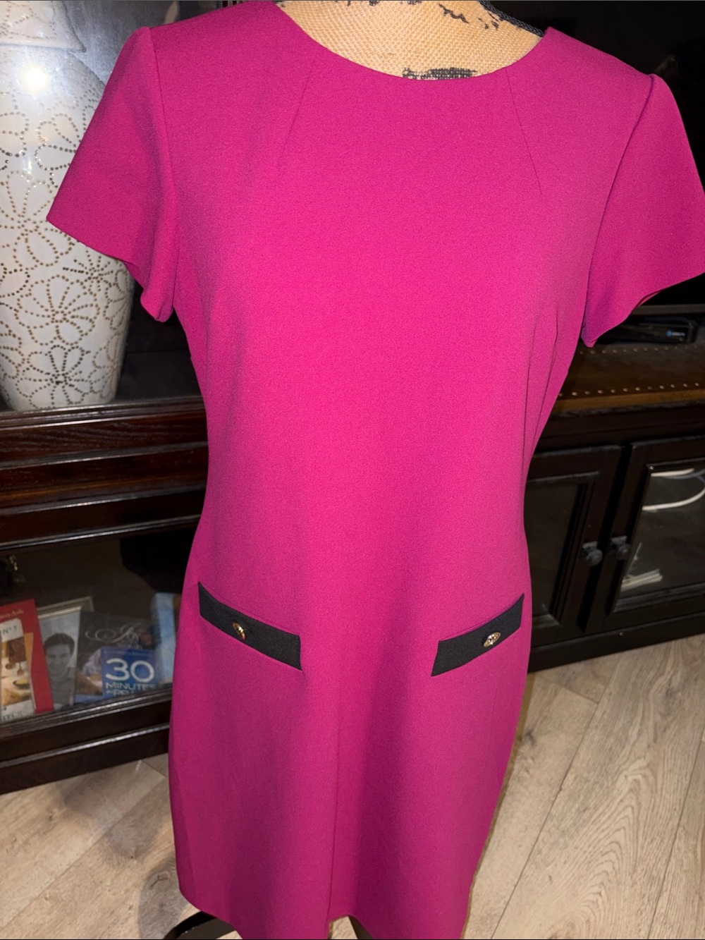 Tommy Hilfiger Fuchsia Short Sleeve Shift Dress with Black Pocket Trim